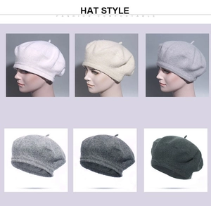 Collage of knit beret hats in white, beige and grey showing model fit and flat lay details