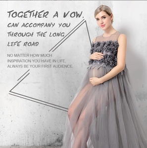 Robe Photographie Maternité Tulle Mesh Dentelle Décoration Florale 3D Sans Manches Longue Transparente Gris