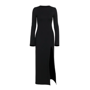 Elegant black long sleeve maxi dress with slim fit silhouette and sexy side slit design