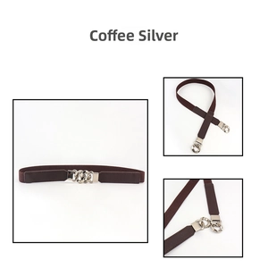 Detail of coffee elastic waist belt for women with silver metal chain link buckle closure