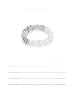 Detail of S925 sterling silver ring with four baroque pearls and spiral metal texture