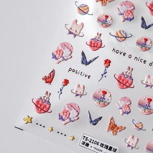 Stickers nail art 3D en relief avec roses roses, lapins et planètes fraises TS-2105