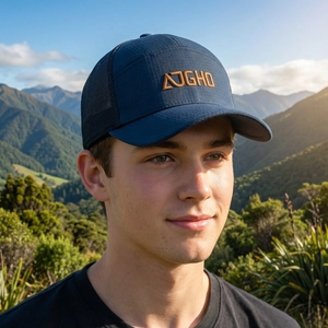 Navy blue mesh trucker hat with orange embroidery worn by a man in a scenic forest