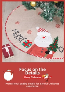 Détail de la broderie Père Noël et texte Merry Christmas sur jupe de sapin en toile de jute