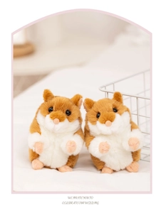 Close-up of pair of standing hamster plush toys with soft brown and white fur textures
