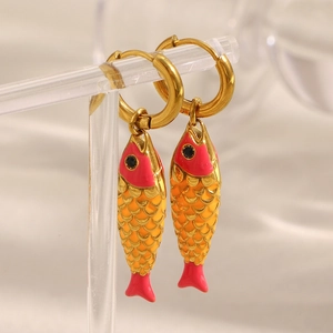 Exaggerated 18K gold plated stainless steel fish earrings with pink enamel scales