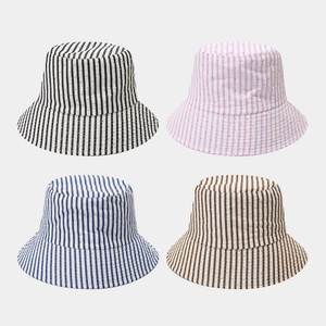 Striped Bucket Hat Cotton Polyester Rhinestone Wide Brim Retro Sun Protection Women