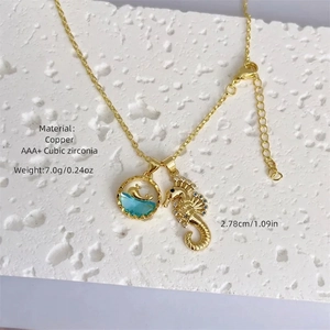 Marine 18K gold plated copper necklace with seahorse pendant and cubic zirconia