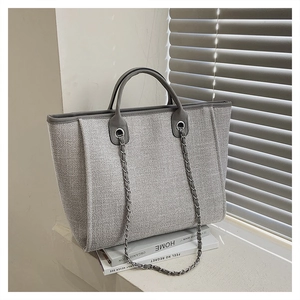 Detail of grey tweed tote bag featuring silver chain straps and smooth leather piping