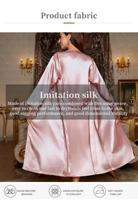 Detail showing high-gloss satin texture and elegant back view of the pink robe