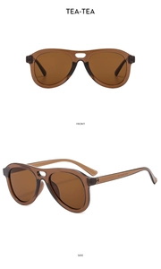 Detailed front and side views of tea-colored aviator sunglasses with a transparent frame