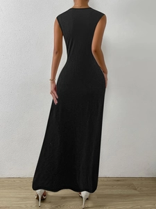 Detailed back view of a slim fit sleeveless black maxi dress featuring elegant tailoring