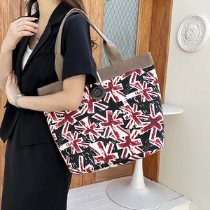 Ethnic style large canvas tote bag with British flag pattern and brown shoulder straps