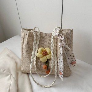 Women Straw Woven Tote Bag Large Capacity Beach Vacation Handbag With Floral Charm And Patterned Satin Scarf Decoration