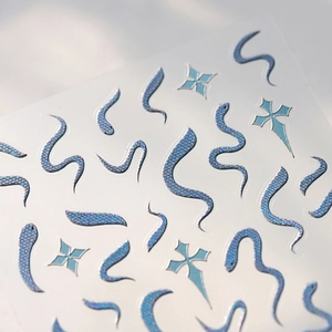 Holographic blue snake and star nail art stickers with embossed metallic laser texture