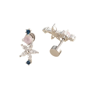 Silver flower cartilage earring with colorful zircon stones and screw back studs