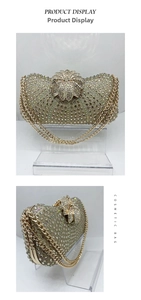 Detalle del bolso de noche dorado con pedrería brillante y cierre floral de cristal lujoso