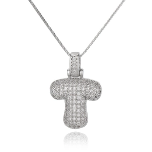 Detail of silver letter T pendant with sparkling cubic zirconia on a box chain link