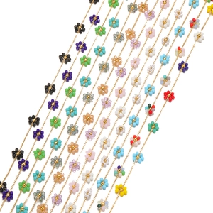 Colorful beaded flower necklaces with 1.5mm golden flat chains for DIY jewelry making