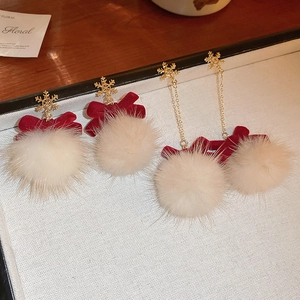 Snowflake Red Velvet Bow White Pom Pom Dangle Earrings With 925 Sterling Silver Earring Post Christmas Jewelry For Women