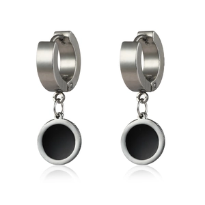 Detail view of punk style stainless steel hoop earrings with black round charms for men