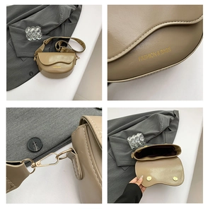 Detailed four-view collage of khaki saddle bag with wide strap and gold hardware accents