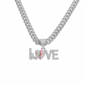 Iced out silver Cuban chain with LOVE pendant and red broken heart for hip hop style