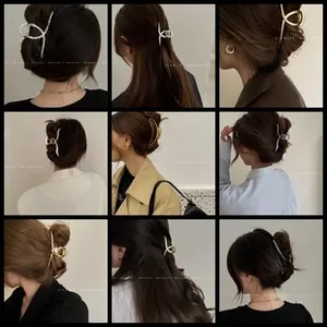 Detailed grid of French style pearl and matte metal hair claws for elegant styling