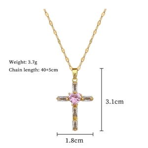 Detail view of pink heart cross necklace with dimensions and technical specifications