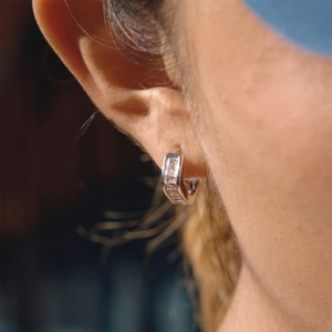 Classic silver-tone stainless steel hoop earring with rectangular cubic zirconia stones