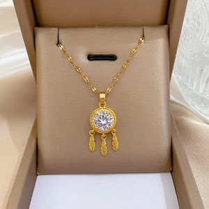 Dreamcatcher Pendant Necklace Titanium Steel Chain Copper Cubic Zirconia Feather Tassel Korean Niche Style Women Jewelry