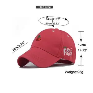 Size chart for cherry embroidered baseball cap showing dimensions and weight metrics