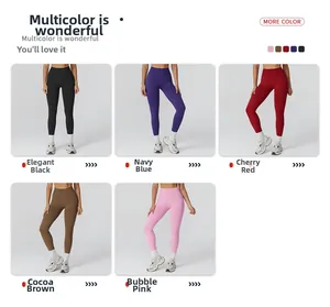 Detail view of high waist yoga leggings in black, navy, cherry red, cocoa, and pink
