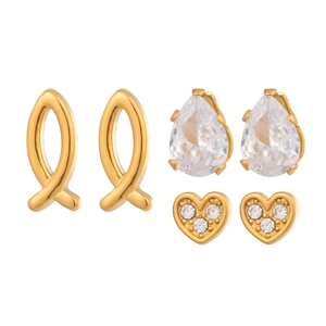 Detailed set of three gold earrings featuring fish, teardrop gems and heart shapes