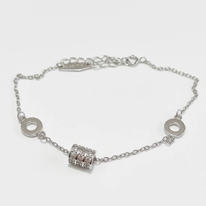 925 Sterling Silver Bracelet For Women Paved Sparkling Zircon Cylinder Charm And Two Round Rings Adjustable Minimalist