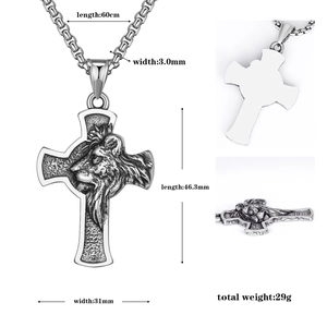 Macro view of vintage lion head cross pendant with precise product size specifications
