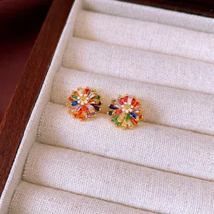 Sparkling floral stud earrings with multicolor zircon stones in a gold plating setting