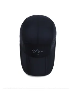 Top down view of black quick-dry outdoor baseball cap with mountain logo and mesh vents