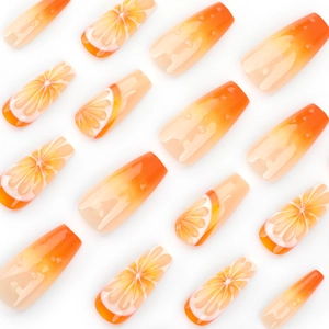 Lebhafte orangefarbene Press-on-Nägel mit 3D-Zitrusfrüchten und 3D-Wassertropfen-Effekt