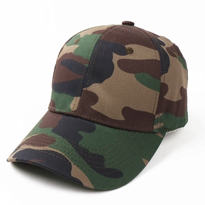 Side view of a cotton camouflage baseball cap with six-panel design and curved visor