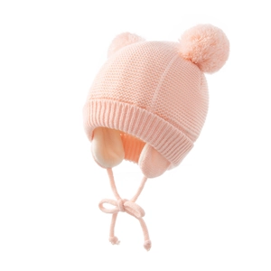 Kinder rosa Strickmütze mit zwei Pompoms und Ohrenklappen, warme Wintermütze für Mädchen.