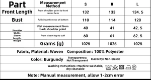 Tableau des tailles détaillé pour veste longue en similicuir avec guide de mesure