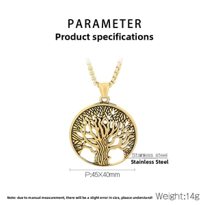 Macro detail of gold stainless steel Tree of Life pendant with 45x40mm dimensions