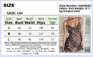 Detailed size chart for the slim fit leopard print mini dress showing S, M, and L dimensions