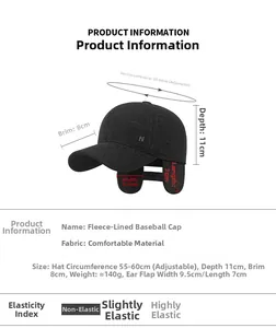 Detail of winter baseball cap showing foldable ear flaps and fleece lining for warmth