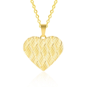 Close-up of golden heart pendant with woven texture on a matching O-chain necklace