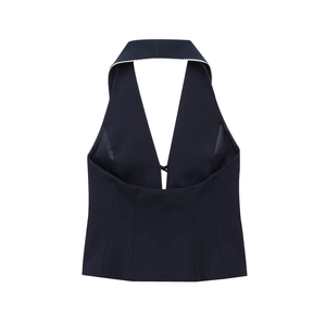 Slim fit black halter neck crop top with contrast white trim and chic bow tie design