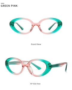Detailed views of retro oval cat-eye sunglasses with gradient green and pink frames