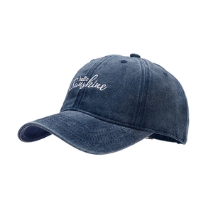 Vintage washed navy blue baseball cap featuring Hello Sunshine white embroidery