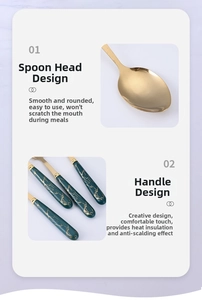 Detail of golden metal spoon with marble pattern heat-resistant handle and polished head